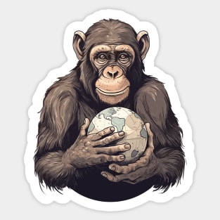 Earth Day, Earth Month and Everyday... A young cute ape holding the world in his hands with care. Sticker